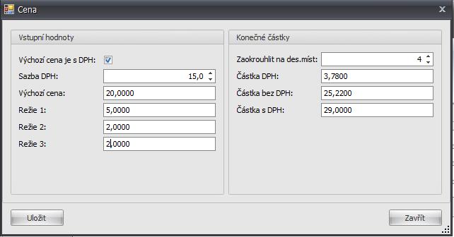 Můžeme zde nastavit, jestli zadanou cenu zadáváme s DPH, nebo bez něj, hodnotu DPH a tři