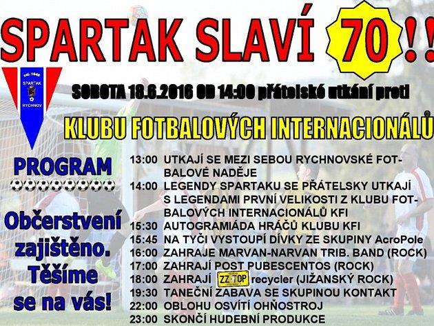 Rychnovský Spartak slaví sedmdesátku Rychnov n. N. - Fotbalový Spartak Rychnov slaví sedmdesátiny. V sobotu 18. června začne ve 13 hodin bohatý program. včera 10:02 SDÍLEJ: Plakát oslav 70.