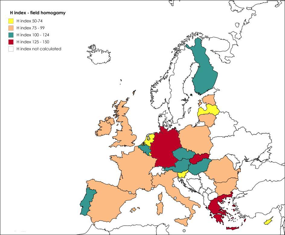 Obr. 1: Míra oborové homogamie ve 24 zemích EU podle hodnot indexu H Ve studii se ptáme, zda rozsah oborové homogamie závisí na míře, s jakou dokáže země využívat potenciál pro vytváření homogamních