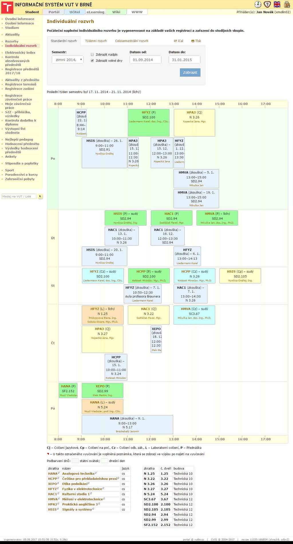 ti zjistit, kde bys měla být, co je to vlastně za předmět, rozkliknutím vyučujících se dostaneš na jejich kontakty, dokonce se můžeš takto snadno proklikat i do karty předmětu.