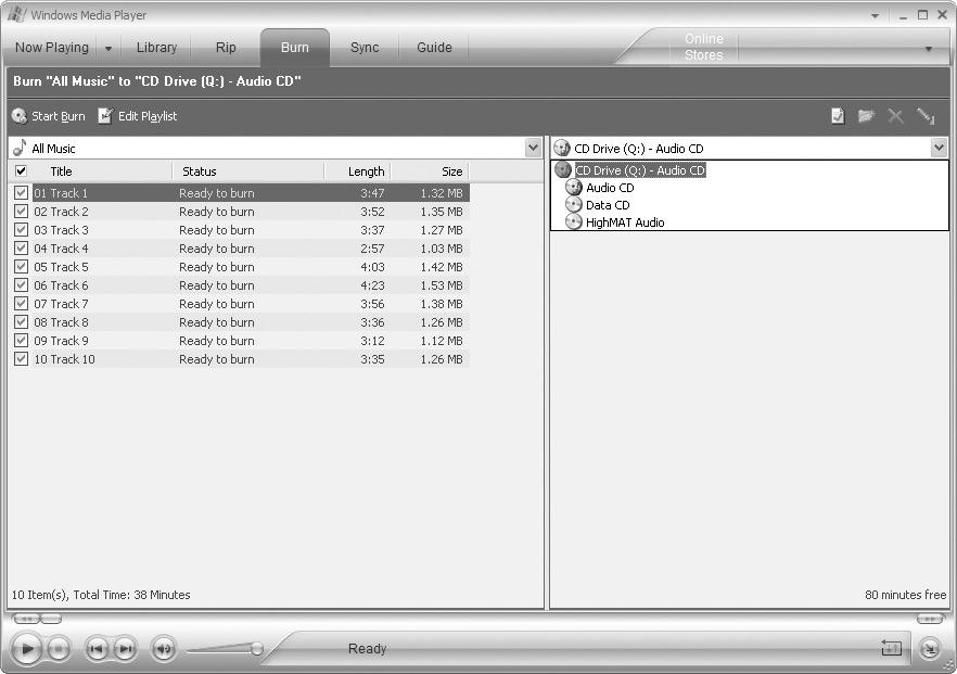 Použití aplikace Windows Media Player Windows Media Player 10 1 Do jednotky CD-R/RW vložte prázdný disk CD-R/RW a spusťte aplikaci Windows Media Player. 2 Na panelu funkcí klepněte na nabídku [Burn].
