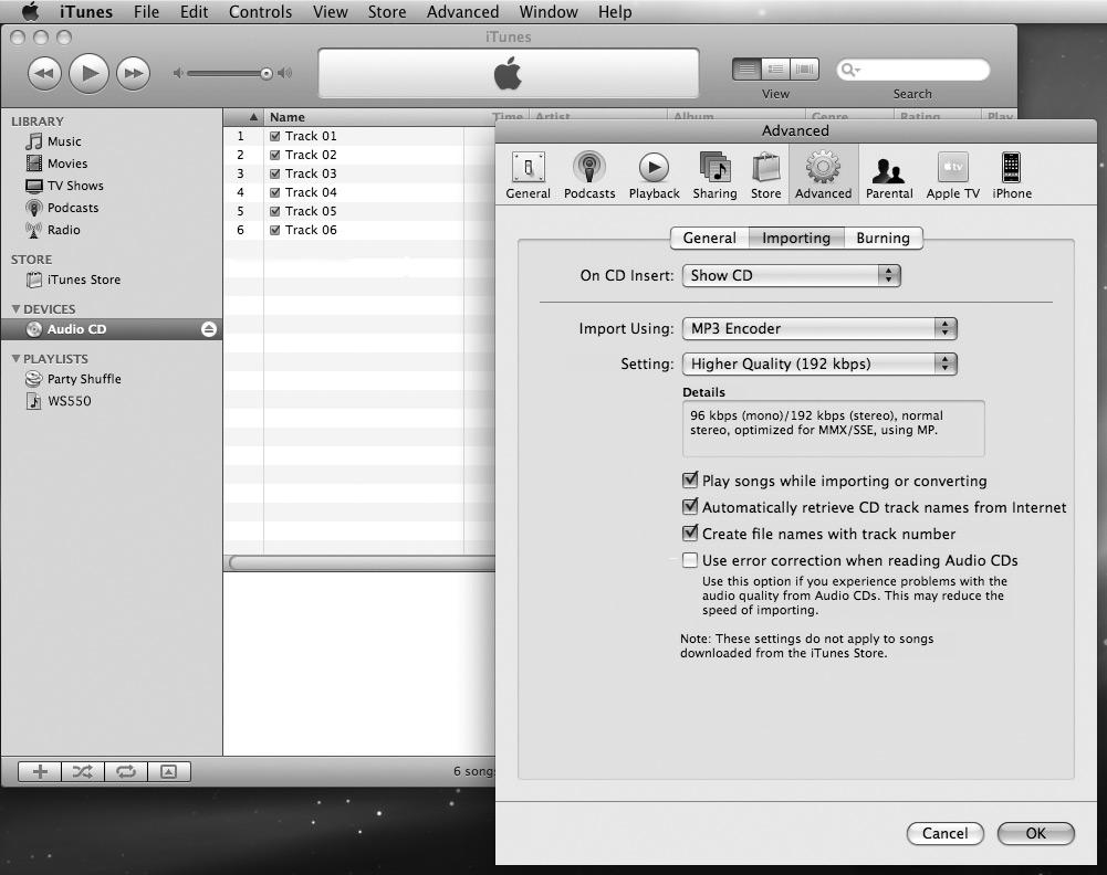 Použití aplikace itunes Kopírování hudby z disku CD 1 Do jednotky CD-ROM vložte disk CD a spusťte aplikaci itunes. 2 Klepněte na položky [itunes] { [Preferences]. 3 Klepněte na kartu [Advanced].