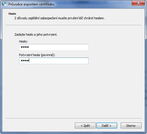 Zadejte heslo k certifikátu (budete ho potřebovat i pro import do