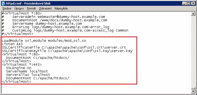 2. Nyní je třeba upravit konfigurační soubor webového serveru Apache, aby začal používat šifrované spojení https protokolem.