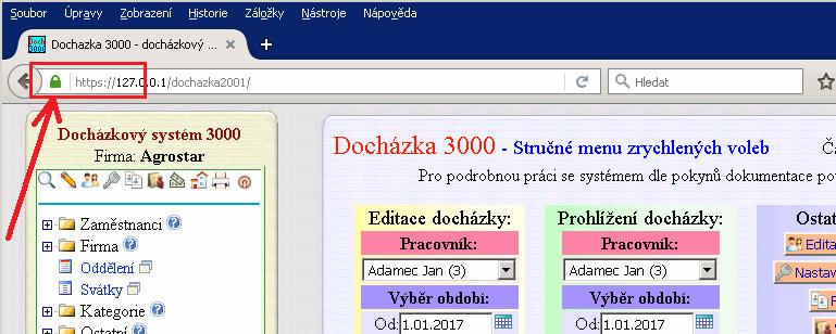 na serveru se do docházky nyní dostanete tak, že spustíte webový prohlížeč a zadáte adresu https://127.0.0.1/dochazka2001/ Nezapomeňte tedy uvést písmeno "s" v úvodu adresy.