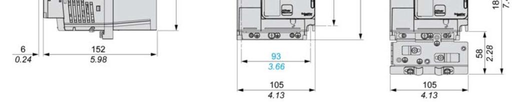 ..ATV320U15N4C (3fázové napájecí napětí 380 500 V, typové velikosti 0,37 až 1,5 kw) Poznámka: Rozměry frekvenčních měničů