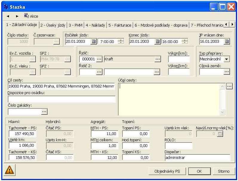 Vystavení nové stazky Při otevření formulář obsahuje pouze tři záložky. Karta PHM se objeví až po vyplnění údajů o počátku a konci jízdy a údajů o vozidle.