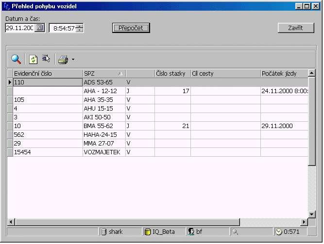 V horní části tohoto přehledu definujete datum, ke kterému chcete zobrazit pohyby vozidel. Po stisknutí tlačítka Přepočet se zobrazí stav vozidel podle údajů ze stazek.