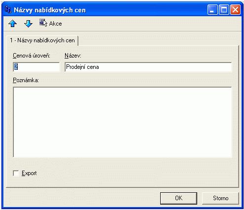 Hlavička ceníku Cenová úroveň - v tomto čtyřmístném číselném poli jednoznačně definujete kód ceníku. Název - textové pole pro logický název cenové úrovně služby.