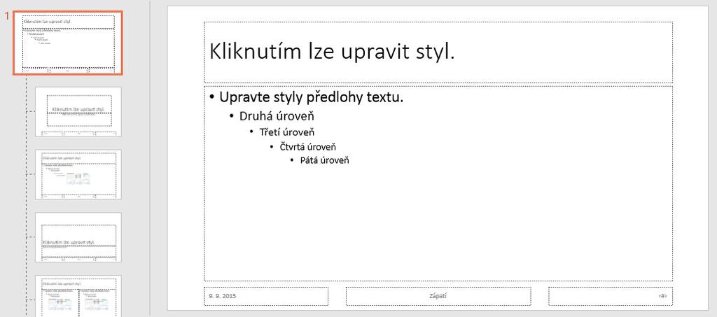 Kapitola 2: Karta Zobrazení 20 Úprava panelu Rychlý přístup Úprava formátu v předloze V pásu karet se kromě standardních karet zobrazuje aplikační karta PŘEDLOHA SNÍMKŮ, která obsahuje tlačítka pro