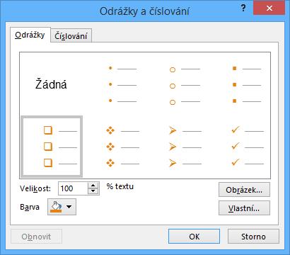 Kapitola 4: Karta Domů 44 odrážku. V poli Velikost můžeme zadat velikost odrážky v procentech velikosti písma odstavce. Pokud použijeme jako odrážku symbol, můžeme v poli Barva vybrat barvu odrážky.