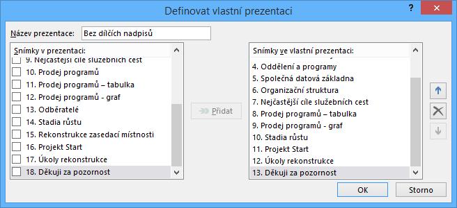 Kapitola 9: Karta Prezentace 89 Enc-09-01. pptx Klikneme do tlačítka Vlastní prezentace a do volby VLASTNÍ PREZENTACE. V dialogovém okně Vlastní prezentace klikneme do tlačítka Nová.