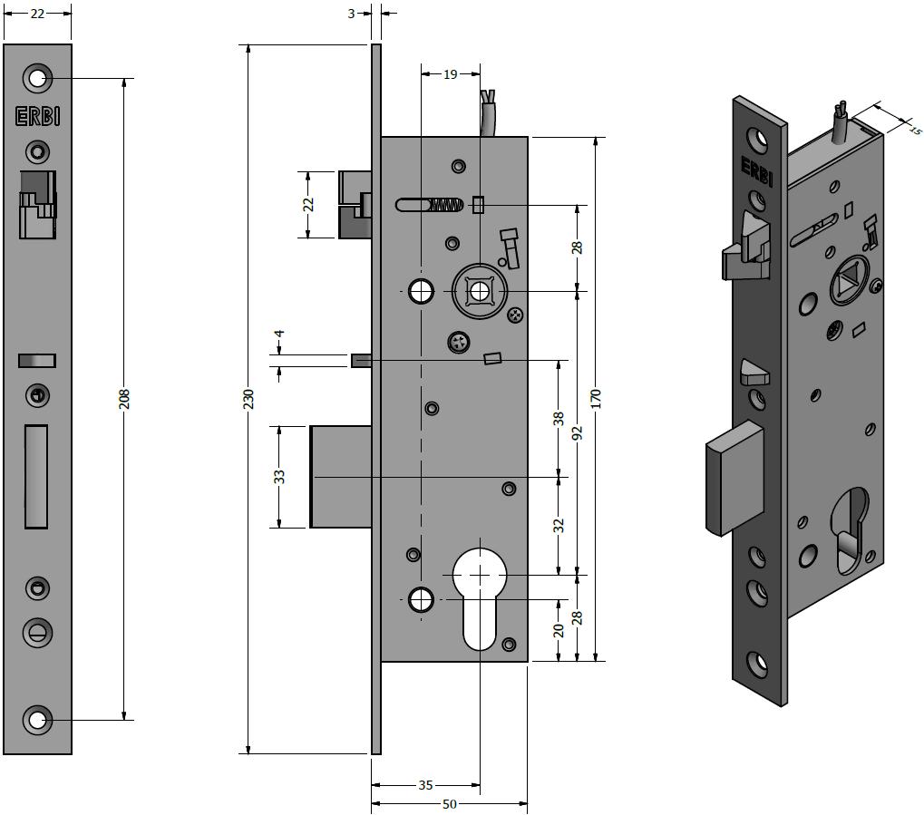 ZADLABACÍ ZÁMEK SAM 92/35 STANDARD Mechanický obj. kód: SAM ME 9235 Elektromechanický obj. kód: SAM EL 9235 Elektromechanický, reverzní provedení obj.