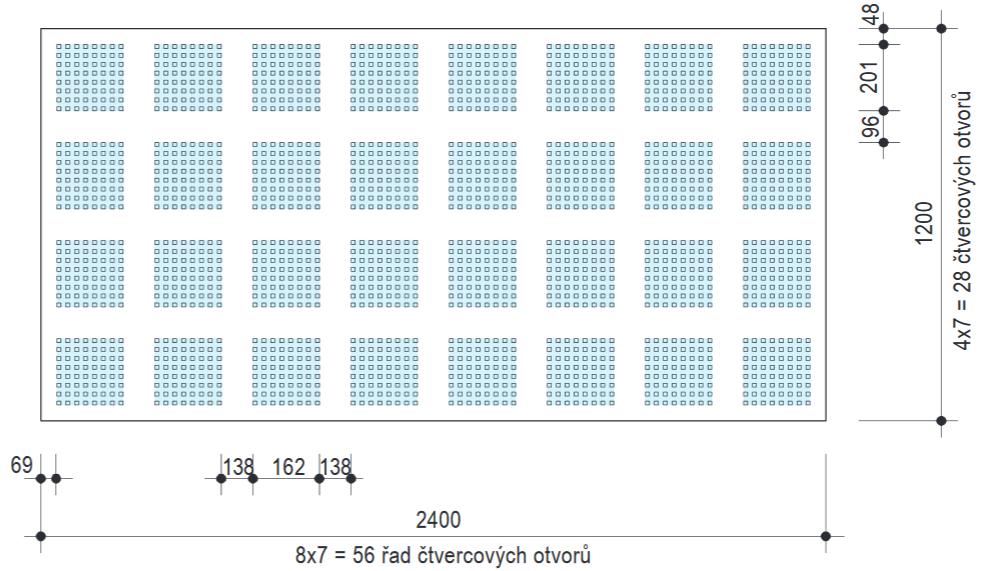 Obrázek 11 Zobrazení rozložení děr desky D127 Obrázek 22 - Průběh činitele zvukové pohltivosti materiálu D127 ve variantě 15/30 se vzduchovou mezerou 400 mm mezi obkladem a stěno u D128 varianta B6