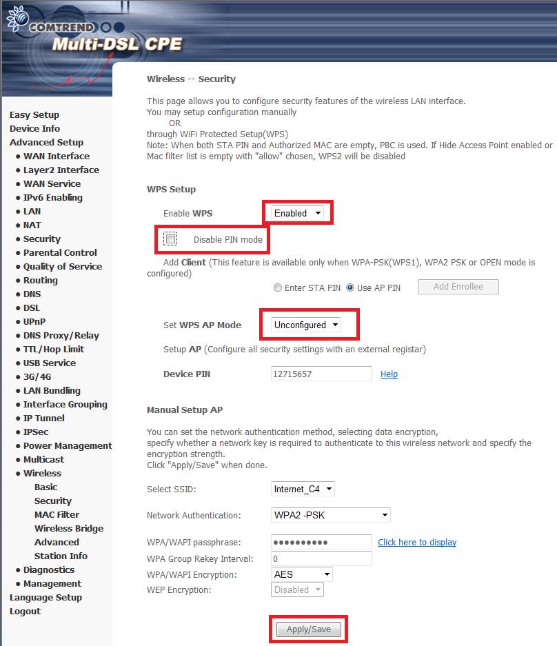 Krok 3: AP PIN možnost. Uživatelské rozhraní: Wireless Security screen, Povolte WPS, označte Use AP PIN, odznačte Disable PIN mode, jestliže je označený, nastavte WPS AP Mode na Unconfigured.