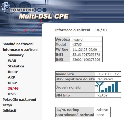 5.7 3G/4G Informace o stavu USB dongle a 3G/4G Backup spojení