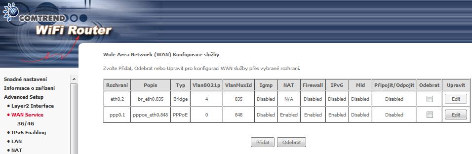 6.2 WAN Služba Na této obrazovce můžete konfigurovat rozhraní WAN. Kliknutím na tlačítko Přidat vytvoříte nové připojení. Více informací o připojení přes ETH WAN rozhraní naleznete v Příloze G.