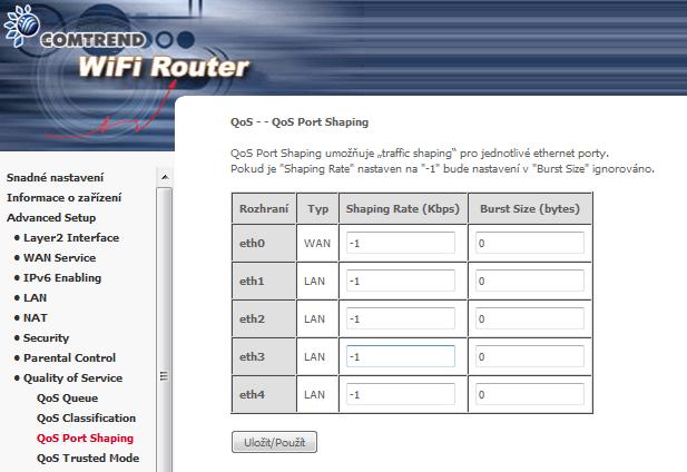 6.8.4 QoS Port Shaping QoS port shaping na Ethernetové rozhraní, pomocí něj lze nastavit limit rychlosti pro jednotlivé Ethernet porty.