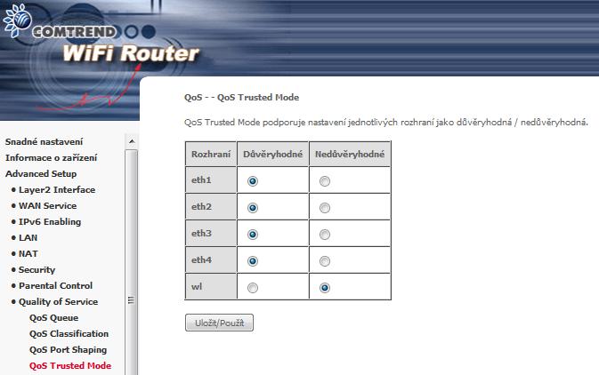 6.8.5 QoS Trusted Mode Všechna LAN rozhraní mohou být nastavena jako Důvěryhodná nebo Nedůvěryhodná.