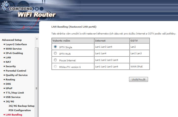 6.15 LAN Bundling - mapování LAN portů Tato stránka vám umožní zvolit nastavení ethernetových zásuvek pro službu Internet a O2TV podle vaší potřeby.