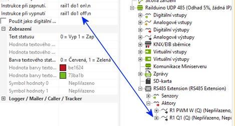 Ze seznamu vložíme RS485 aktor a nastavíme dle syntaxe v kapitole 4.5 Např. pro nastavení dig.