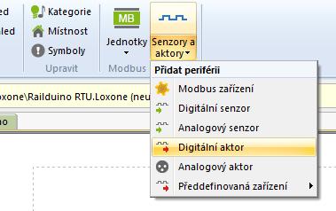 4.7.4 Protokol Modbus nastavení digitálních aktorů reléových výstupů RO Pro ovládání reléového výstupu modulu Railduina, je vždy nutné vložit v Loxone Configu digitální aktor!