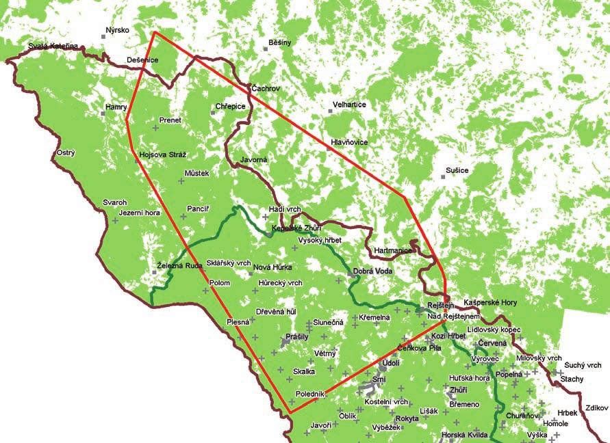 93 rys ostrovid Domovský okrsek dospělého samce rysa ostrovida na Šumavě (červeně). Vyznačeny jsou hranice NP Šumava (zeleně) a CHKO Šumava (hnědě), hlavní obce a vrcholy.