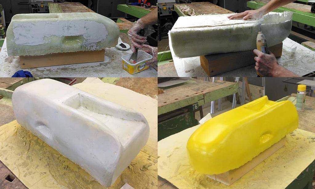 rozměry (600x245mm) byl inspirací tanker. Nejvhodnější způsob pro řezání polystyrenu byl pomocí odporového drátu. Díky tomu bylo možné lehce vytvořit i zaoblené tvary (např.