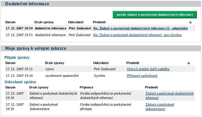 Obrázek 21: Přehled zpráv a dodatečných informací k veřejné zakázce (dodavatel) Zprávy V rámci systému E-ZAK funguje systém interních zpráv jedná se o zprávy týkající se zadávacích řízení