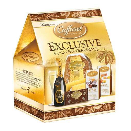 11426 EXCLUSIVE Koš je zabalen v tvrdém dárkovém obalu a obsahuje italskou bábovku Pandoro Caffarel 750g, láhev šumivého extra suchého víne Mionetto Oro 750 ml, čokoládové