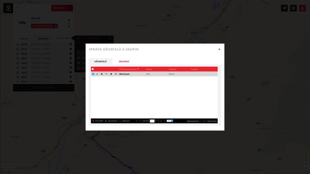 5.2 Správa uživatelů Kliknutím na tlačítko Správa uživatelů se zobrazí okno se seznamem zadaných uživatelů v daném kontě GPS Loc.