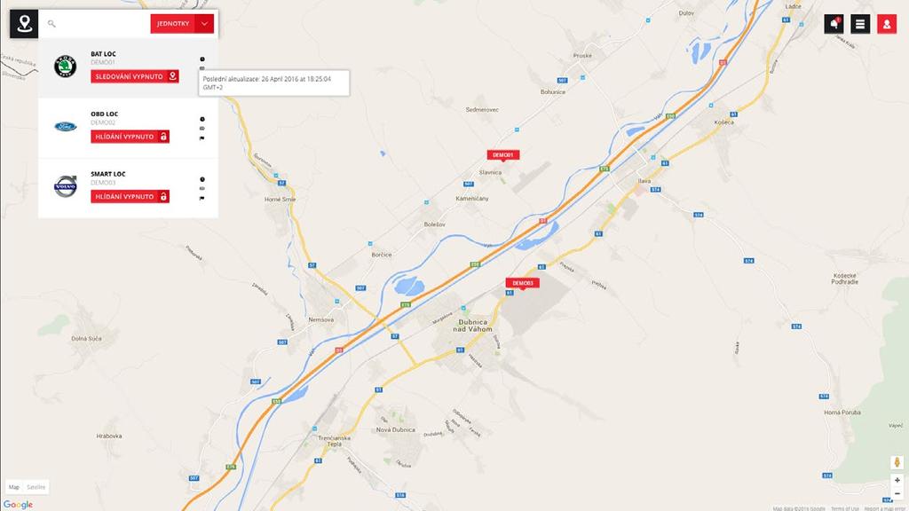 2. Úvodní stránka Po úspěšném přihlášení do rozhraní GPS Loc se na hlavní ploše zobrazí mapa, na které se zobrazuje aktuální poloha všech monitorovaných vozidel nebo objektů v rámci konta GPS Loc.