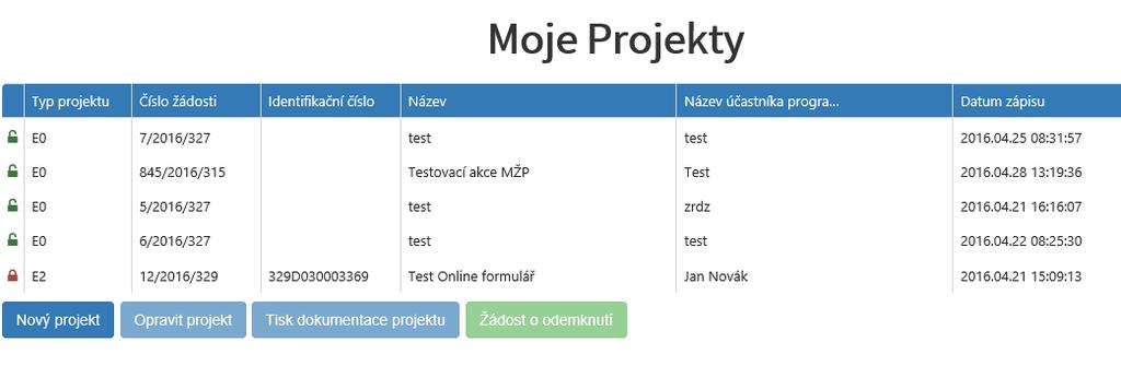 PRVNÍ KROKY S ONLINE FORMULÁŘEM Postup při vyplňování žádosti o dotaci Obrázek 79 Moje projekty 8.4.