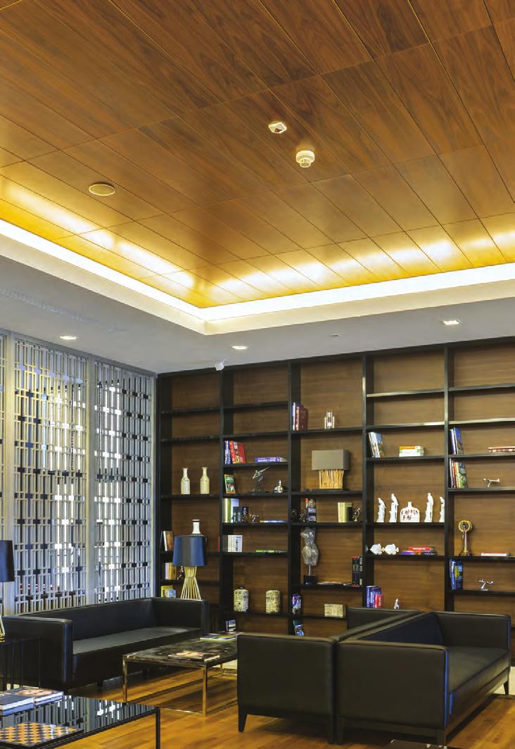 VECTOR SYSTÉM Ilawa Hotel Tiffy (PL) Dřevěná dýha Iroko, hladká, Vector lamely Výhody Úzké 6mm drážky, které dodávají stropu