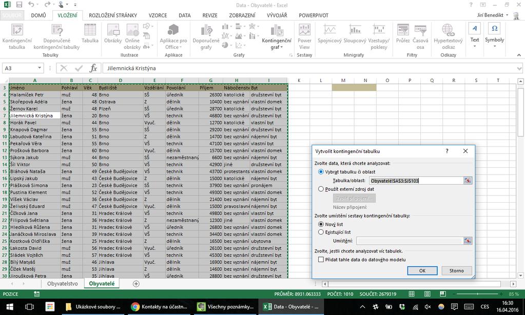 1. Kontingenční tabulku vytvoříte na kartě vložení => kontingenční tabulka Data musí být ve formátu seznamu: - Všechny řádky jsou si rovny obsahují stejný druh