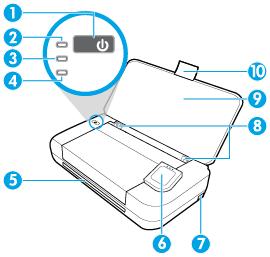 Přední a boční pohled 1 Tlačítko napájení 2 Kontrolka napájení 3 Kontrolka baterie Svítí během nabíjení baterie vložené do tiskárny. Bliká v případě problému s baterií, např.