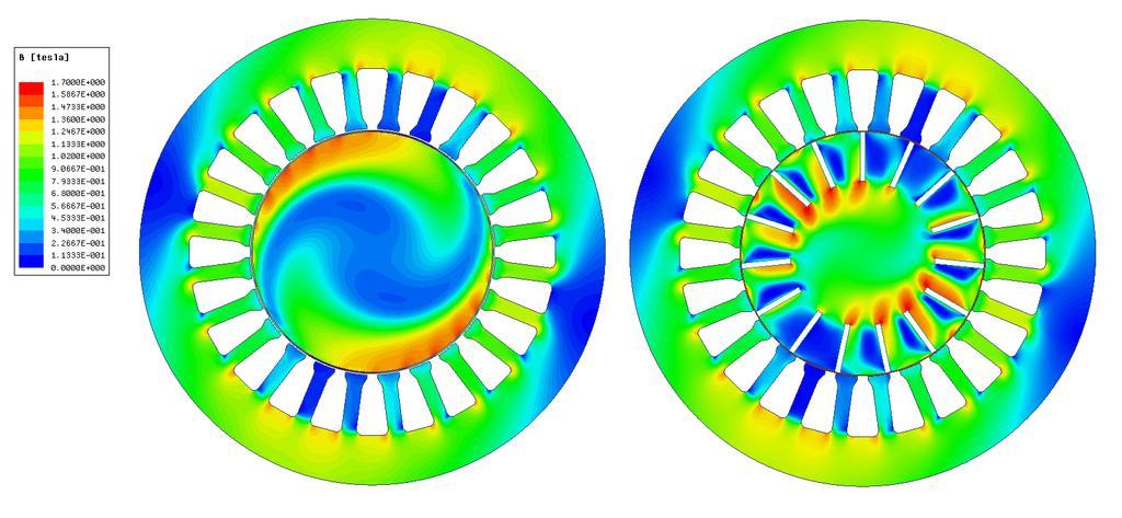 Obr. 8. 4 Porovnání rozložení magnetické indukce pro rotor s vrstvou 0,3 mm vlevo a axiálními drážkami s vrstvou 0,3 mm vpravo Ze vzájemného porovnání úprav rotorů na Obr. 8. 4 je patrné, že v případě rotoru s vrstvou, se magnetický tok uzavírá pod povrchem rotoru a vzrůstá zde magnetická indukce.