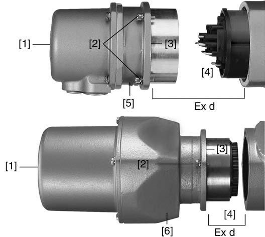AMExC 01.1 Servis a údržba Obr. 45: nahoře: KP/KPH, dole: KES [1] Víko [2] Šrouby ke krytu [3] O-kroužek [4] Připojovací prostor [5] Svorkovnice (KP, KPH) [6] Rám (KES) Sejmutí konektoru: 1.