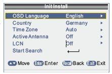 3. ZÁKLADNÍ FUNKCE. 3.1. První instalace Init Install. Pokud používáte přijímač poprvé, objeví se menu "Init Install". 1.