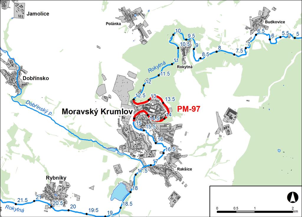 1. LOKALIZACE Předmětem řešeného území je úsek na řece Rokytné přes Moravský Krumlov v km 12,505-15,055 Obr. č. 1 Přehledná mapa řešeného území 2.