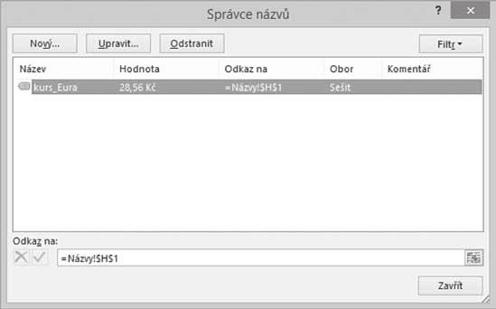 Seznam všech vytvořených názvů zobrazíte tlačítkem Správce názvů (karta Vzorce). Tlačítkem Upravit můžete název předefinovat, tlačítkem Odstranit jej ze seznamu vymazat. Obrázek 4.