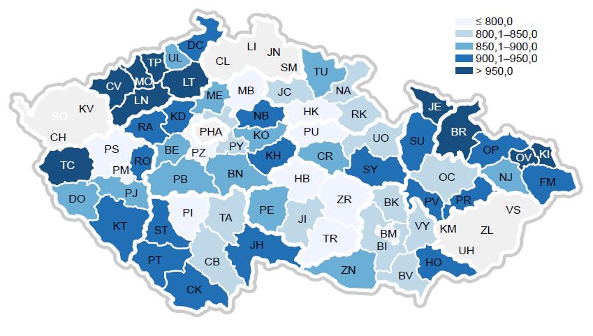 Obrázek 6: Standardizovaná úmrtnost mužů v ČR dle okresů v roce 2015 Zdroj: ÚZIS Obrázek 7: Standardizovaná úmrtnost žen v ČR dle okresů v