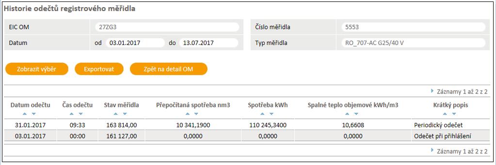 výběrem je možno z technických důvodů u Denního odběrového diagramu zobrazit maximálně 31 záznamů, u Hodinového odběrového diagramu 750 záznamů.