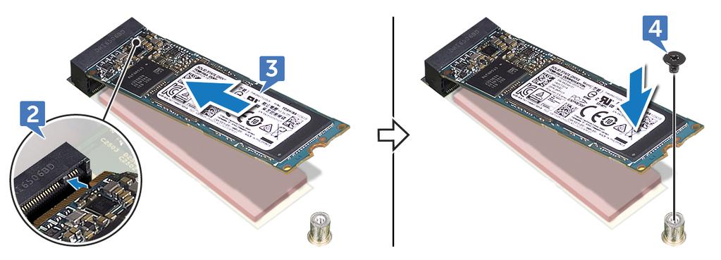 4 Zatlačte druhý konec disku SSD dolů a našroubujte šroub (M2x3.