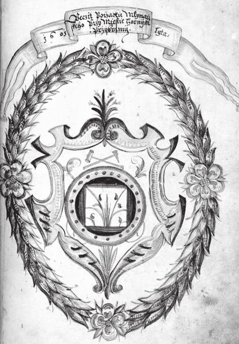 Obrázek 1 Znak cechu příbramských mlynářů z cechovní knihy, 1601. Státní okresní archiv Příbram. Litavka se v Berouně vlévá do Berounky.