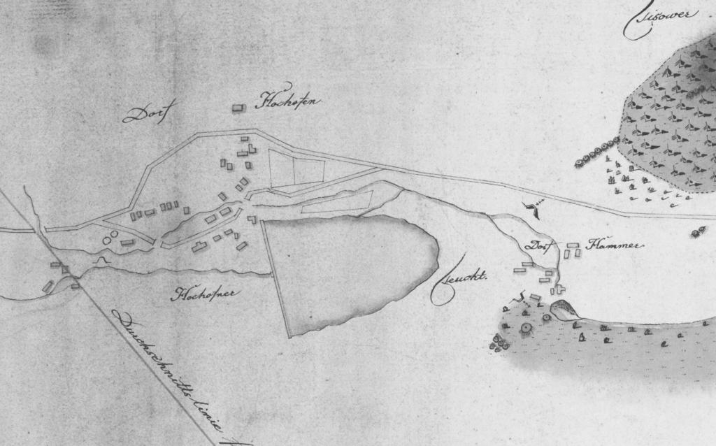 Obrázek 3 Mlýny kolem vysoké pece po roce 1794: zleva ves Hamr a Achačův (Kocourovský) mlýn, Vysokopecký rybník, pod hrází lokalita někdejšího Vokačovského mlýna, pozdější vysoké pece, vpravo