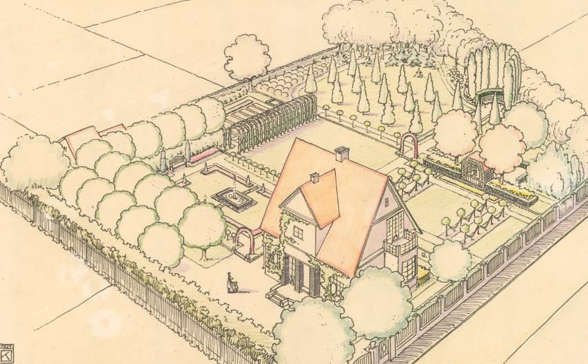 Obrázek č. 4 Ptačí perspektiva zahrady pana Páry ve Velvarech. Projekt Josef Kumpán (1927). Archiv NZM Praha, OF Josef Kumpán, inv. č. 431/V/Z/279.