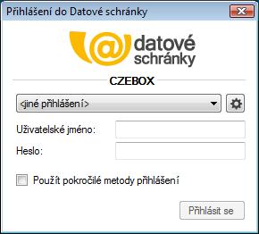 K přihlášení k datové schránce (nebo změně přihlášení k jiné datové schránce) slouží dialog Přihlášení do Datové schránky.
