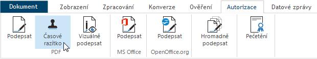 Doplnění samostatného časového razítka Zvolené nebo aktuálně načtené dokumenty ve formátu PDF lze doplnit o samostatně vložené časové razítko.