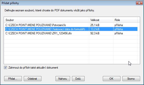 V tomto dialogu můžete sestavit seznam souborů, které budou do výsledného dokumentu začleněny jako přílohy. Specifikace PDF/A-3 z roku 2012 totiž umožňuje vkládání libovolných souborů (např.